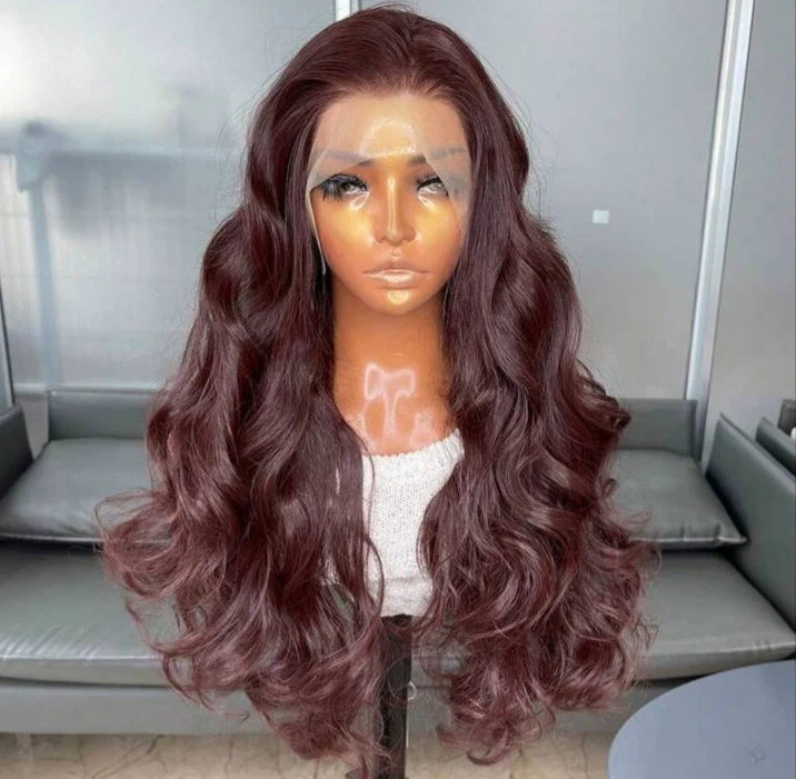 Luxurious Wavy Human Hair Wig - Rich Burgundy Brown (Glueless)